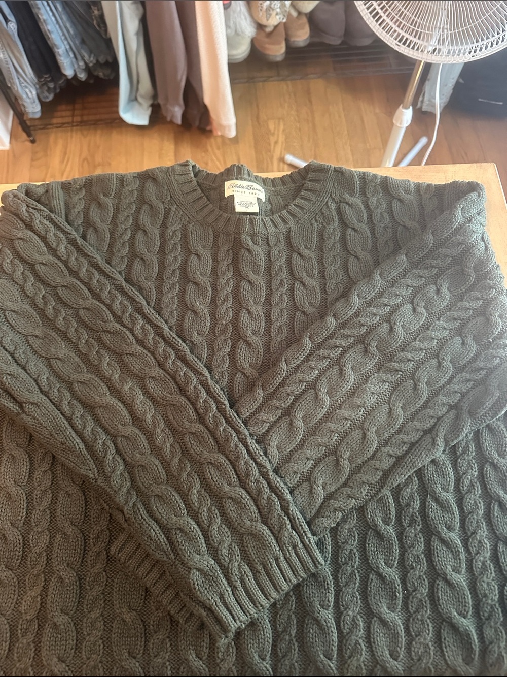 Eddie Bauer Olive Green Cable Knit Crewneck Sweater